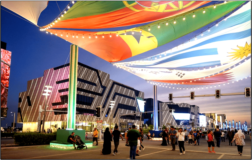 Flags of the countries participating in the World Cup during the Darb Lusail Festival on Lusail Boulevard