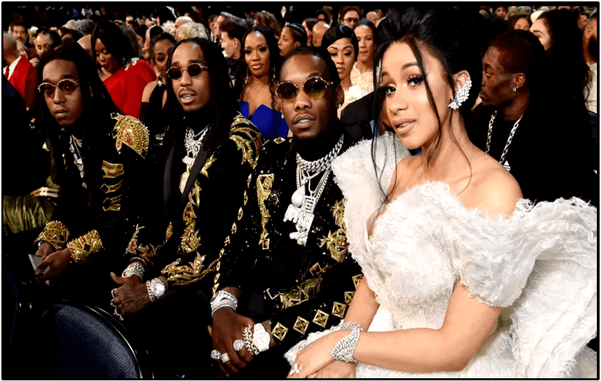 Migos with Cardi B at the 2018 Grammy Awards, where the group were nominated for two awards