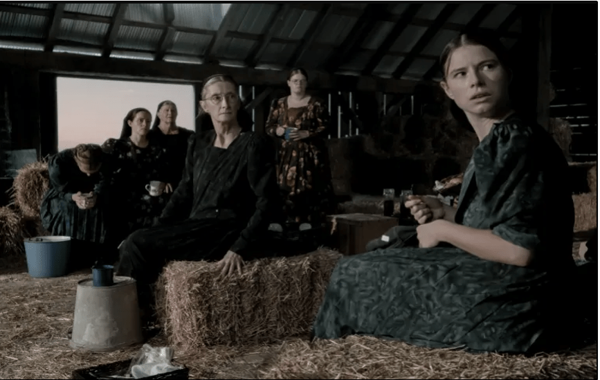 From left: Rooney Mara, Claire Foy, Judith Ivey, Sheila McCarthy, Michelle McLeod and Jessie Buckley star as a community of women seeking consensus in the film Women Talking
